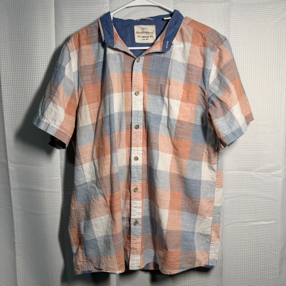 Weatherproof Vintage Men's plaid Button Front Shirt L Orange Blue Casual